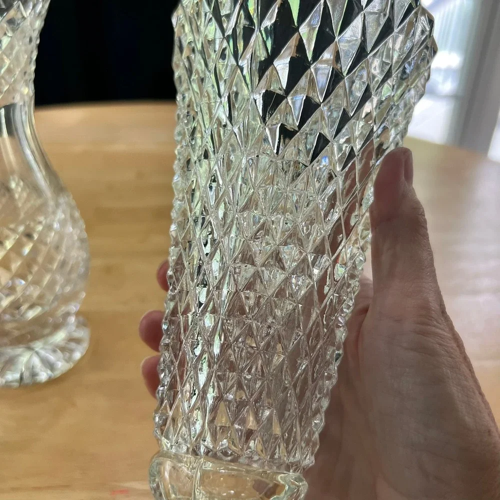 Vintage Clear Pressed Glass Vases Set of 2 Diamond Point Pedestal Trumpet 8.25